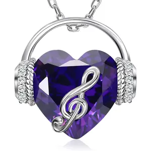 Women’s Birthstone Heart Necklace with Amethyst-Purple Crystal & Music Note Pendant (0.6in Heart, 1.5cm Detail, 17.3+2.4in Chain) – Fashion Costume Jewelry, Ideal Gift for Women on Christmas, Anniversary, Birthday