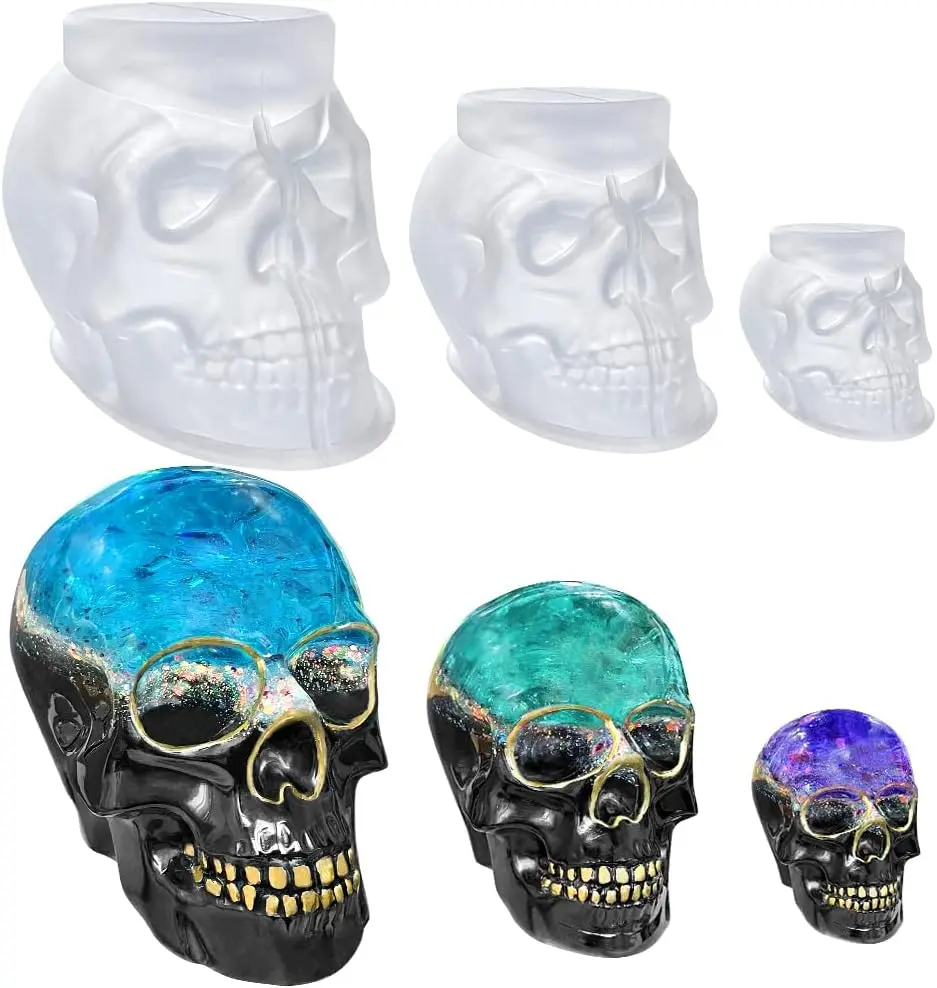 RESINWORLD Set of Large + Medium + Small 3D Skull Resin Molds, Flexible Clear Silicone Skull Head Molds, Silicone Molds for Resin, Soap, Clay, Candle Wax Casting, Halloween Home Decoration