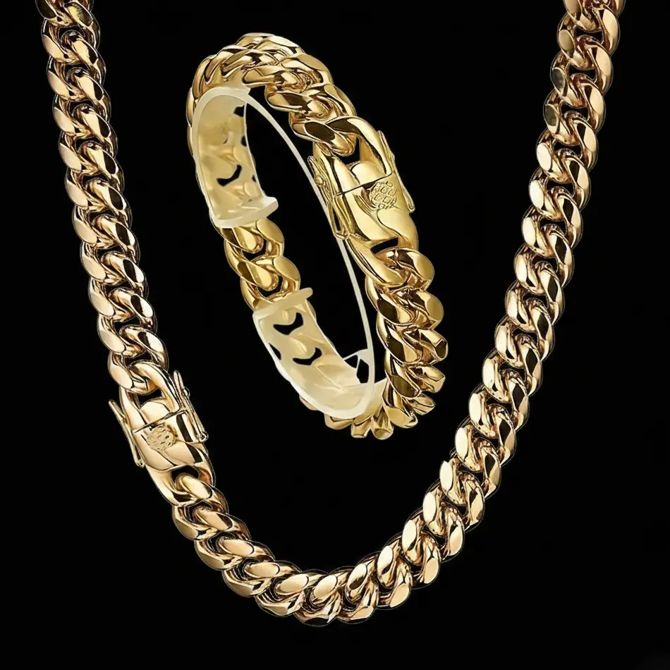 MaxBling81 Men's Premium 14K Stamped Gold Plated Brass Miami Cuban Chain - Multi-Size Gold Jewelry (9" 10mm Bracelet, 24" 30" Thick Box Lock Necklace) for Daily Wear, Hip Hop Costume Accessory