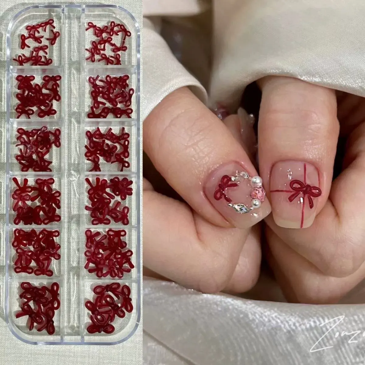 12 Grids 120 Pcs 3D Red Bow Nail Charms, Mixed Size Resin Bow Nail Gems, Cute Sweet Nail Art Decor for Valentine's Day DIY Manicure