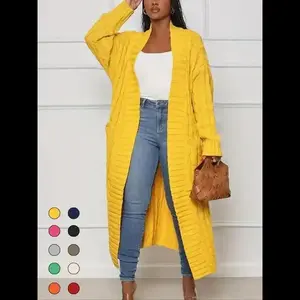 Women's Solid Color Textured Drop Shoulder Pocket Longline Cardigan, Casual Open Front Long Sleeve Knitwear for Fall & Winter, Women's Knit Clothing for Daily Wear, Lady Baggy Cardigans for Women, Womenswear, Comfy FabricGiftGift