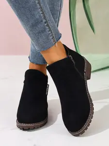 Women's Suede Chunky Heel Short Boots, Side Zip Chelsea Boots, Fall Winter Versatile Commuter Shoes, Stylish, Comfortable and Soft, Footwear, Ankle Casual Boots