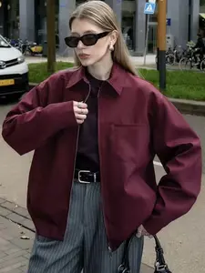 Burgundy Loose Solid Zip Up Jacket Women's Jacket Womenswear Spring 2026 Ladies Fashion Casual Oversized Long-Sleeve Outerwears Elegant Office Commutes & Brunch Outings Jackets