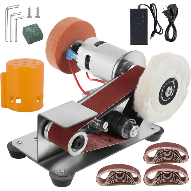 Mini Belt Sander Multifunctional Electric Belt Grinder 7 Adjustable Speed Electric Polishing Sharpener Machine Heavy Duty Stainless Steel Small Electric Sander with 30 Sanding Belt for Metal SpringStatements, Sturdy, Knives