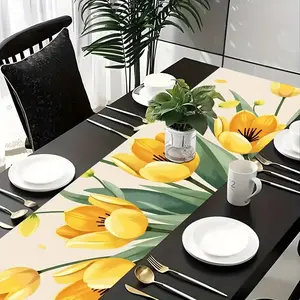 2D flat printing, 1 yellow tulip rectangular tablecloth, used for holiday decoration, holiday dining and catering, easy to clean tablecloth decoration, anniversary wedding home decoration, kitchen and restaurant decoration