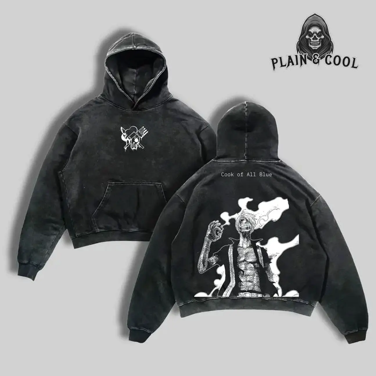 Sanji Cook of All Blue Hoodie | One Piece Oversized Washed Hoodie | Straw Hat Pirates Streetwear | Anime Y2K Grunge Pullover | Dark Otaku Aesthetic Hoodie A6C