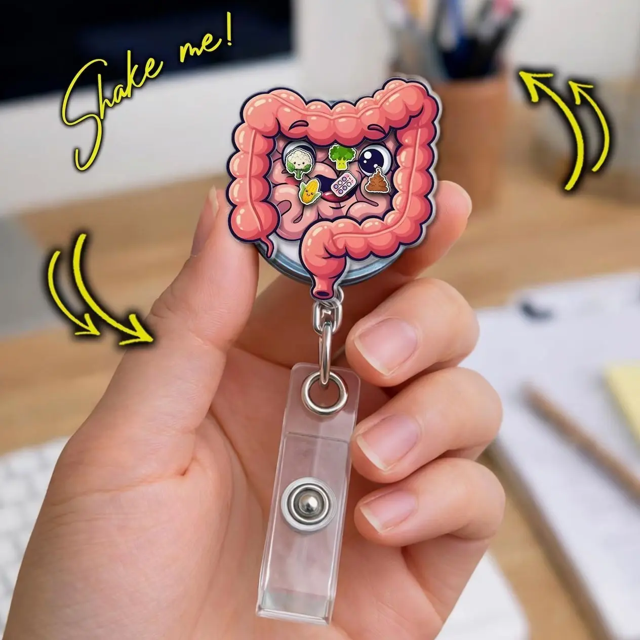 Intestine Shaker Badge Reel, Cute Colon ID Holder for Gastroenterology Nurses & GI Tech Gift EFL