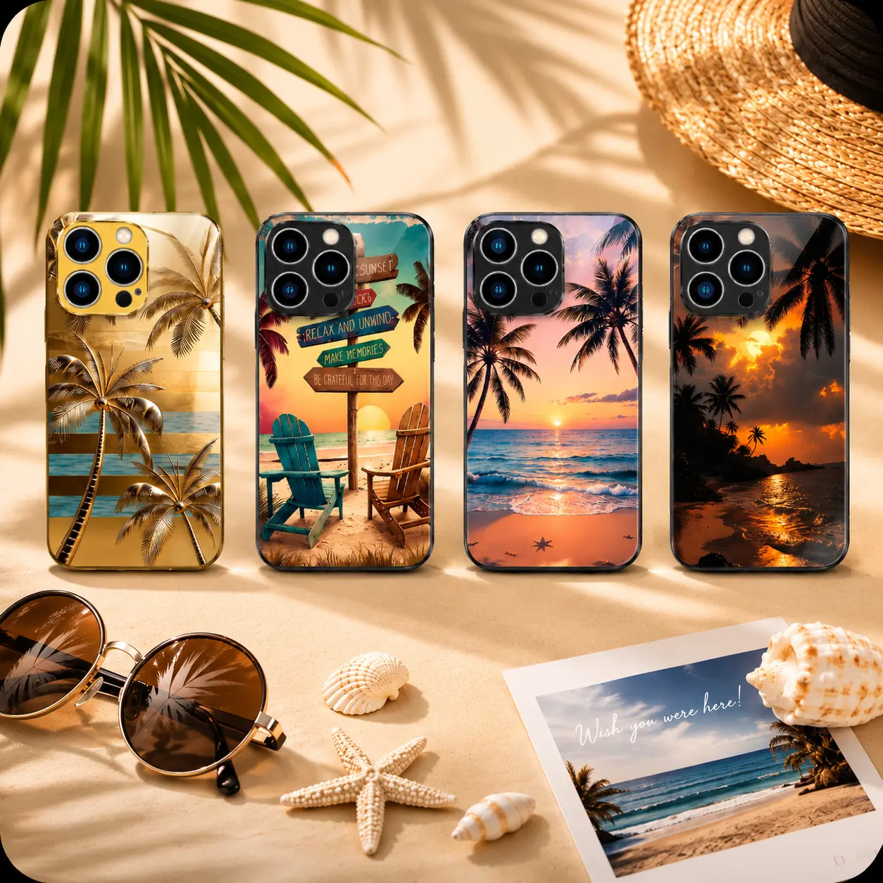 Only Summer Vibes! Sunset Beach Palm Tree Case for iPhone 17/16/15 Pro Max, Tropical Vacation Aesthetic Cover, Must-Have Travel Accessory 2026—975
