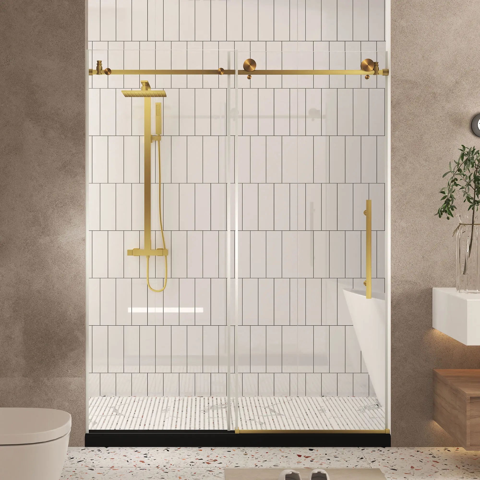 56-60"W x 76"H Frameless Shower Door with Brushed Gold Handle | 1/4" (6mm) Clear Tempered Glass, Explosion Proof Film | Adjustable Width Sliding Glass Door for Bathroom, Modern, Durable