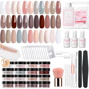 130 Pcs Dip Powder Nail Kit,16 Colors Nude Pink Shine Brown Gray Dip Powder Liquid Set with Professional Remover/Top/Base Coat/Activator for Nails Art Manicure DIY Salon Women