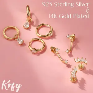4 Pairs Gold Earring Set | S925 Sterling Silver Post & 14K Gold Plated | Adjustable Ear Jackets, Huggie Hoops & Tiny Ear Climbers | Hypoallergenic Piercing Stack for Women