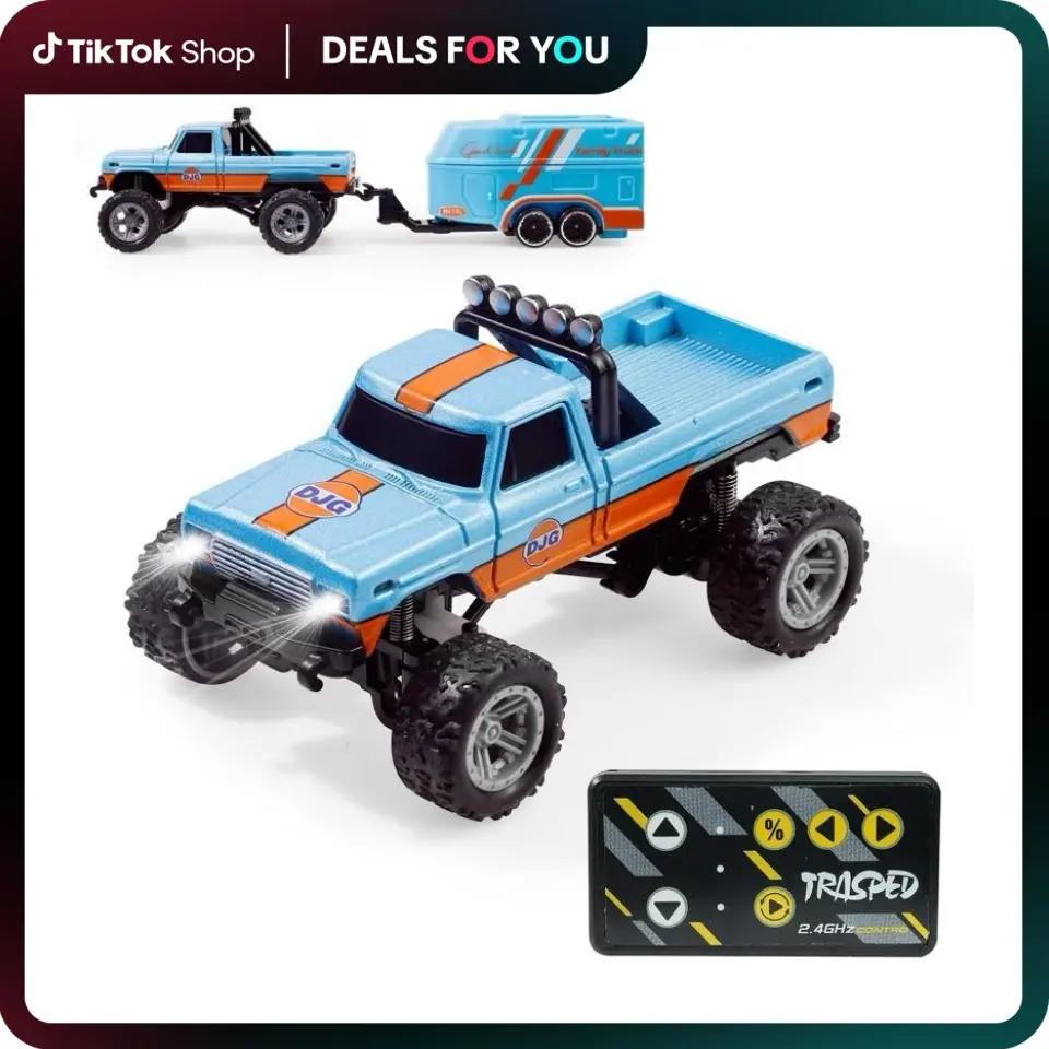 Hotfree 1/64 Mini RC Monster Truck with Trailer - 2.4GHz Remote Control All-Terrain RC Cars, 3-Speed Adjustable, USB-C Rechargeable Metal Off-Road Stomper, Indoor Outdoor Racing Toy, Kids Boys Birthday Christmas Gift, Remote Control Trucks