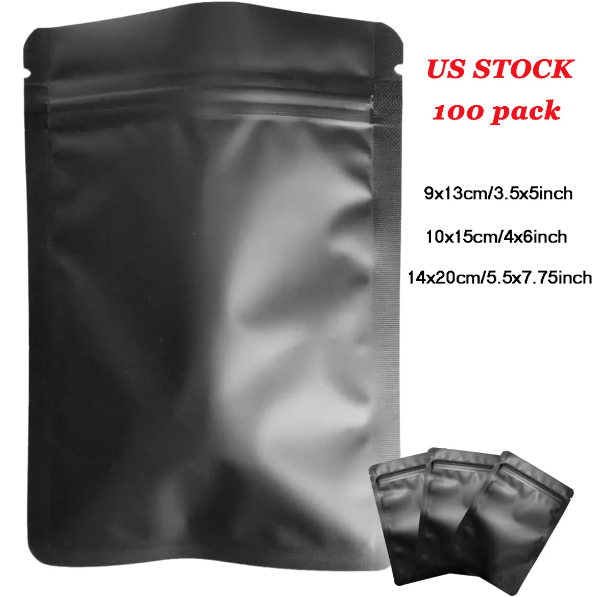 SJPACK 100 Pack Matte Black Mylar Flat Bags - 3.5x5 4x6 5.5x7.75 Inch Resealable Smell Proof Foil Zipper Food Pouches - oz Sealable Flat Packaging Sample Pouch Bag, Mylar Bags 3.5, Foil Pack Storage Bags