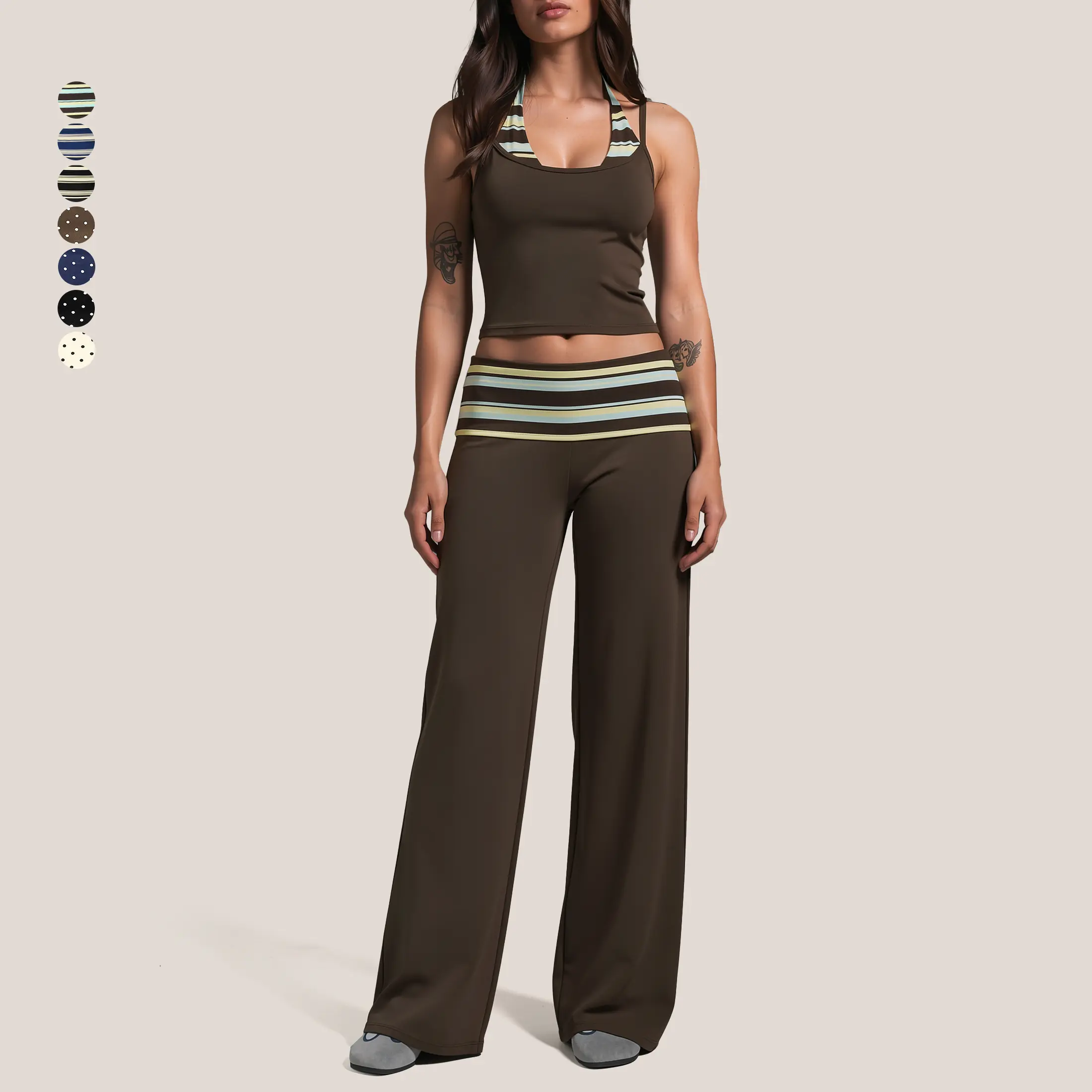 GIAFIRE Women's 2-Piece Casual Athletic Set Ultra-stretchy, breathable & comfy yoga wear, featuring halter spliced striped/polka dot tops and high-waisted hip-lifting ruched wide-leg pants. Ideal for Pilates, gym training and daily outfits.