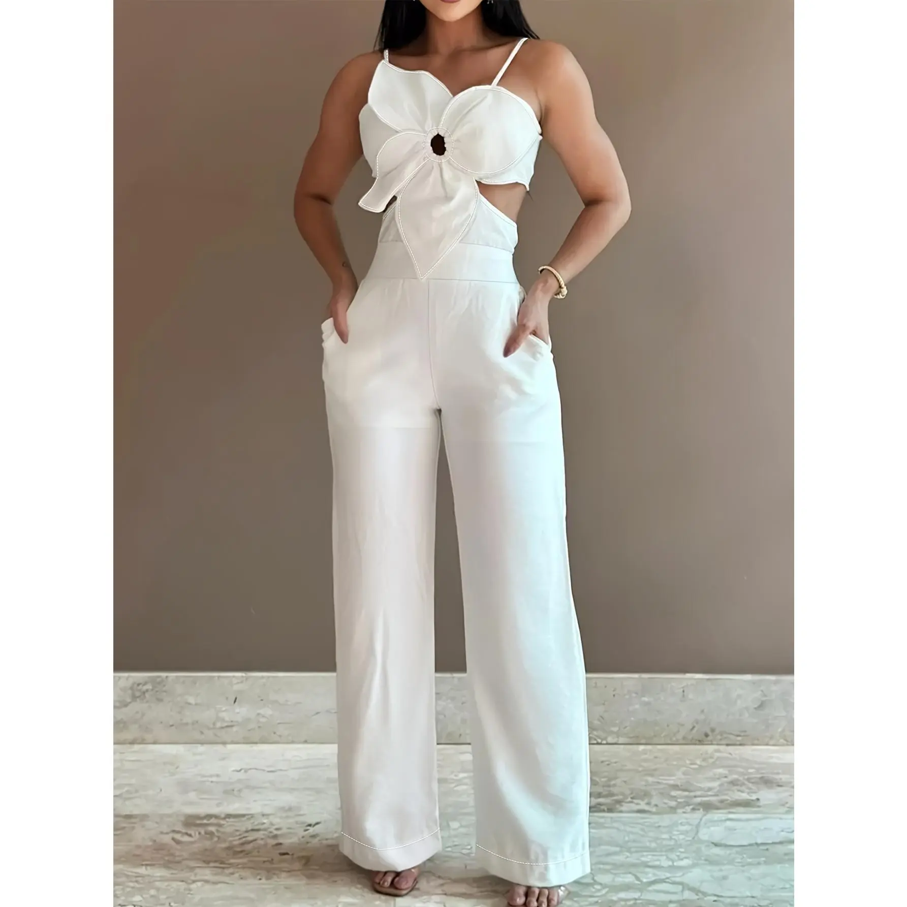 Women's Plain 100% Polyester Opaque Knit Overalls Jumpsuit - Sleeveless, Collared Neck, Tight Bodice, Sexy Below-the-Ankle Fit, All Seasons, for Elegant Party & Office Wear