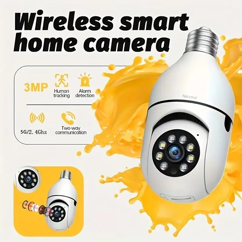 NKCCNUR Wireless 3MP Light Bulb Security Camera, with 5G & 2.4GHz WiFi, 360° Panoramic HD Indoor Surveillance System, Night Vision, Two-Way Audio, Smartphone App Control. Ideal for home, garage, pet monitoring, indoor camera.