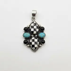 Sterling Silver Checkerboard, Turquoise & Black Onyx Pendant