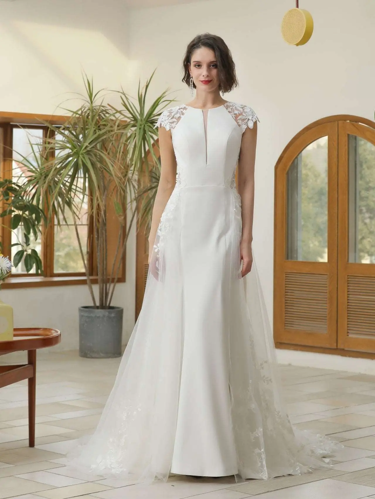 Abigail Women's Floral Lace Sheath Wedding Gown with an Attached Tulle Overskirt, Cap Sleeves, and Chapel Train, Sheath Fit, Zip, Made To Order, Overskirt Not Removable, Long, Multi-Size, Plus Size, Lady