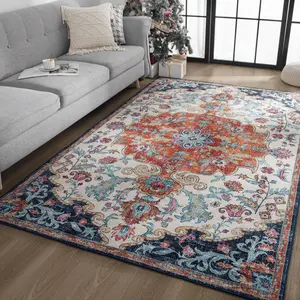 Boho Vintage Area Rug, Luxury Faux Cashmere Printed Rugs,Machine Washable,Low Pile Soft Floor Carpet,Non Slip,Non Shedding Accent Rug for Living Room,Bedroom,Entryway,Dining Room,Office,Exquisite Floral Pattern Rugs,Orange,Blue,Black,Gray