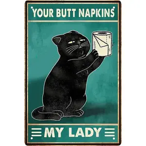 Novelty Decor Retro Playful Vibe Black Cat Wall Metal Plaque, 20cmx30cm/8inx12in Vintage Aluminum Sign, "Ladies Please Wipe with Your Butt Paper" Design, Ideal for Bathrooms, Pet Lovers' Gift (Home Decor)