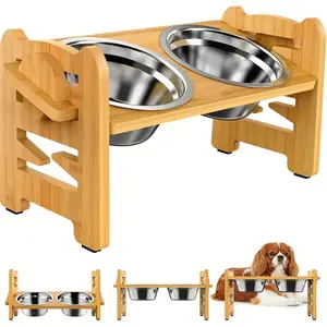 Wooden Dog Bowl Stand, 1 Set Adjustable Height Dog Bowl with 2 Stainless Steel Bowl, Non-slip Pet Feeding Supplies for Small Dogs & Cats