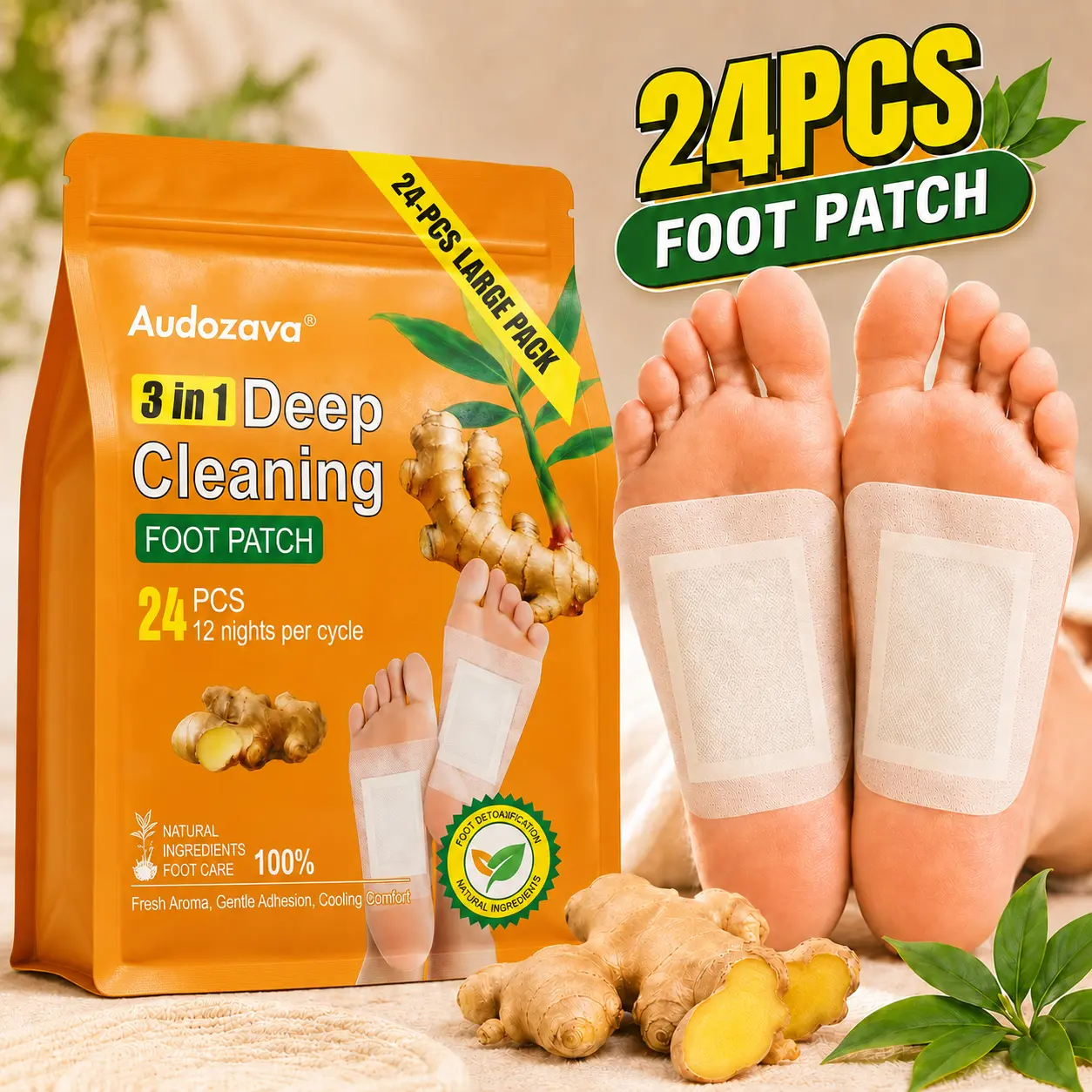 24-Count Deep Cleansing Detox Foot Pads - 3-in-1 Natural Ginger & Bamboo Charcoal Patches, 12 Nights Cycle for Toxin Removal, Stress Relief & Better Sleep Curcuma Turmeric Fitness, Wellness, Herbal Relief Therapy Solution, Therapeutic