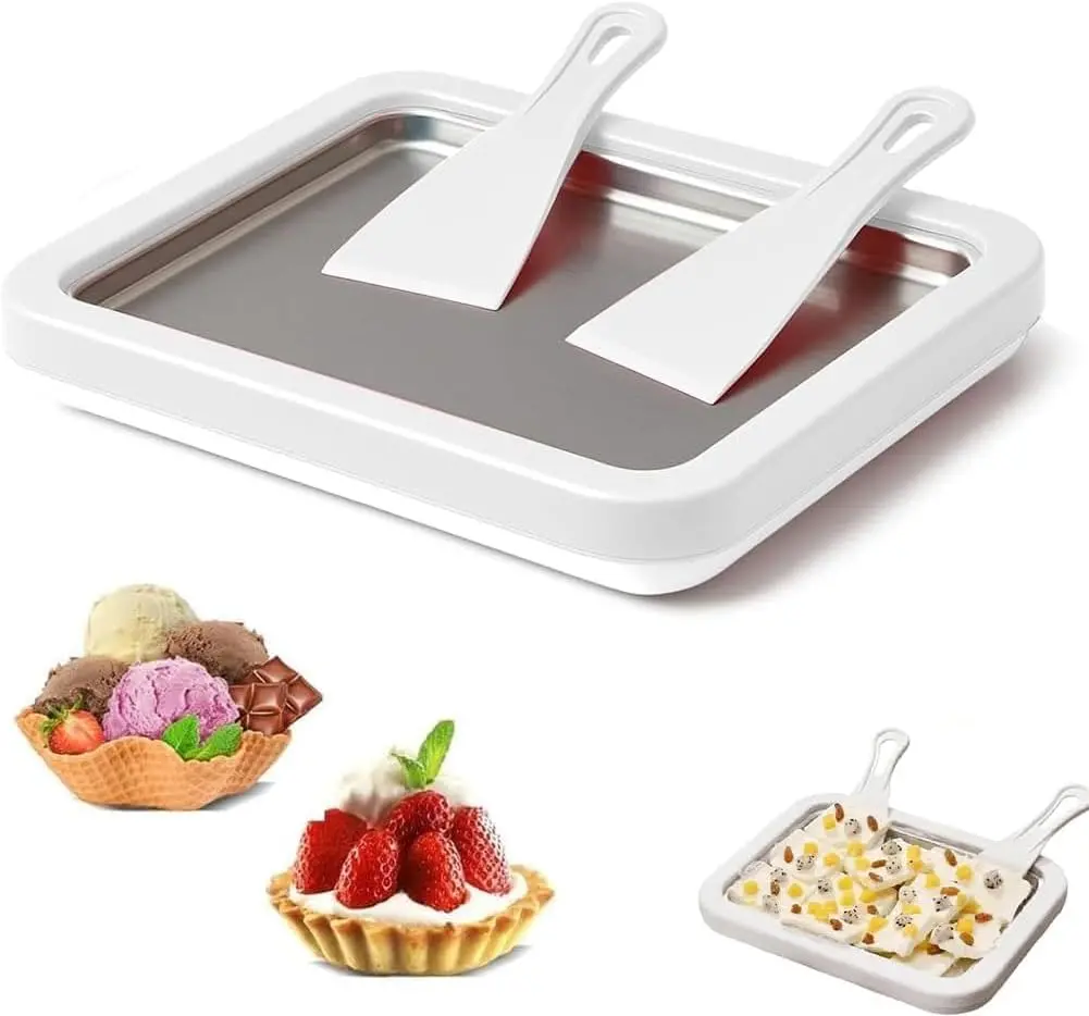 Stainless Steel Ice Cream Maker Kit - Easy Operation Instant Frozen Treat Tool, Includes 2 Scrapers, 1 Spatula, Roll Tray, Rolls Ice Cream for Family DIY Homemade Smoothies