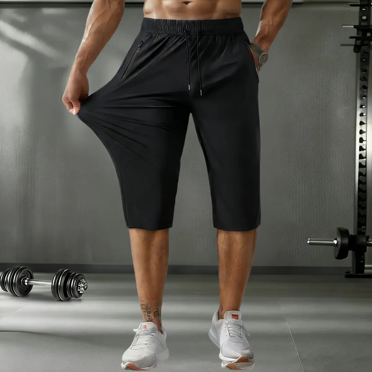 Summer high elasticity sports jogger pants, ice silk fabric with zipper pockets stylish seven-point pants, breathable thin men's jogging sports pants, suitable for summer sports outdoor daily wear