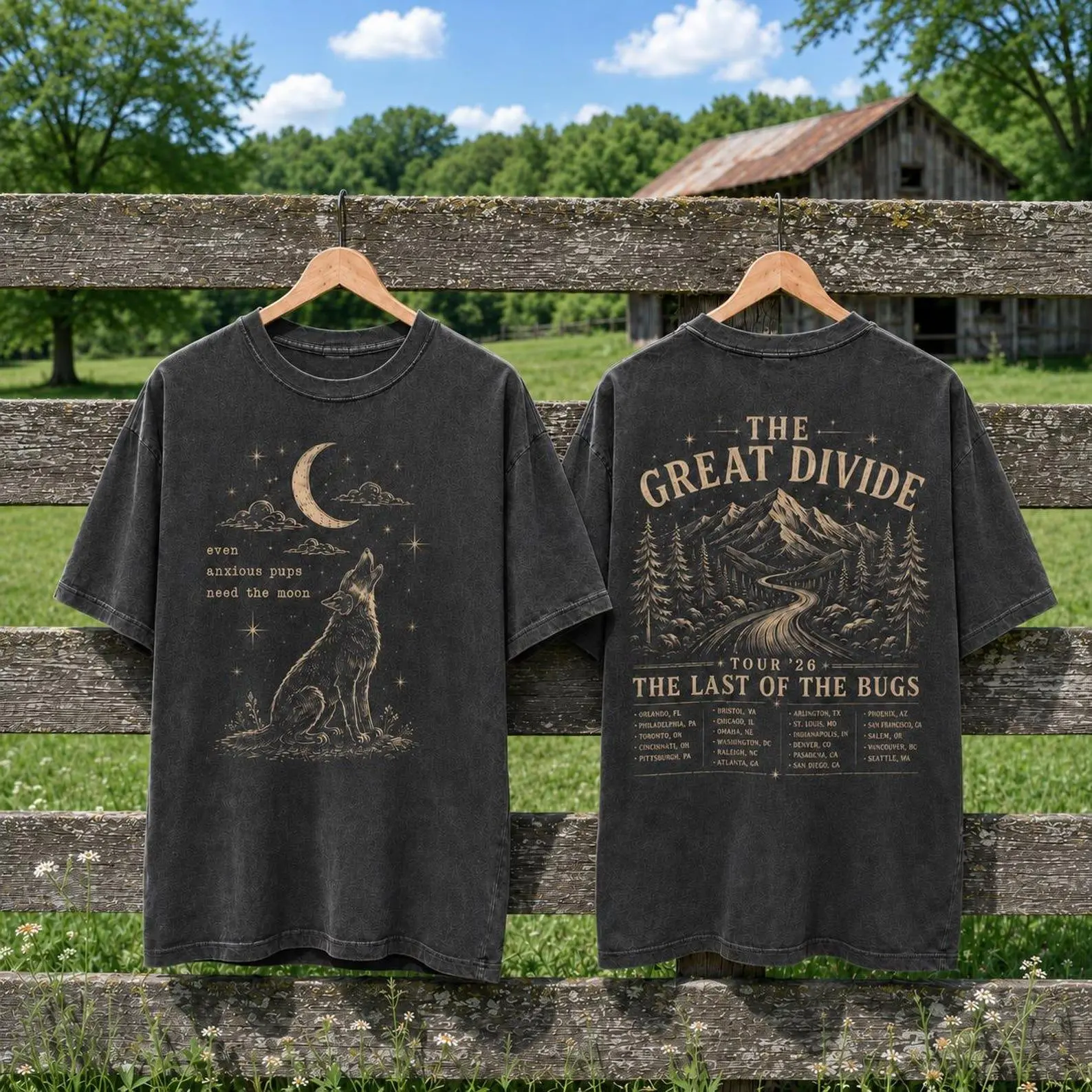 Comfort Colors Vintage Wolf Moon T-Shirt, Mountain Forest Graphic Tee, Wilderness Nature Outdoor Shirt, Retro Hiking Adventure