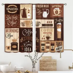 Brown Coffee Kitchen Curtains  Rod Pocket Rustic Vintage Latte Cappuccino Cafe Theme Curtains Farmhouse Cafe Beans Drink Decor Modern Small Short Window Drapes Fabric 2 Panels,Mother's Day Gifts,Summervibes Interior Decoration Accessories Home Textile