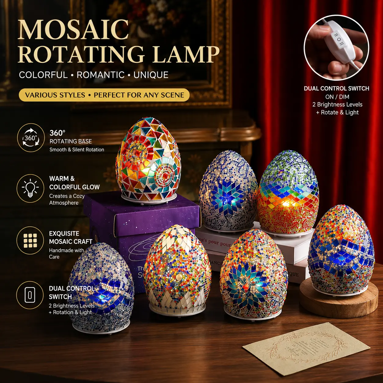 Unique Handmade Glass  Warmer Lamp Warm Light Decorative Lamp for Home Bedroom Living Room or Office Geometric Mosaic Design Perfect Gift for Christmas Birthday Housewarming and Romantic Nights, Ambient Lighting, Bohemian Style