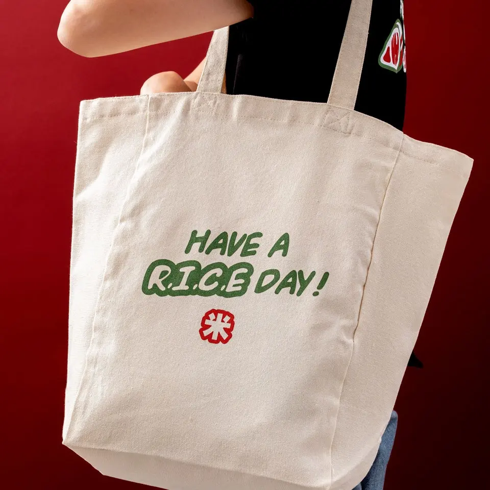 99RANCH Women's Reusable Foldable Tote Bag - Eco-Friendly Shopping Bag with Cheerful Food Pun Art, "Have A Rice Day" Design, Playful Vibe, Foldable Tote Bags, Reusable Shopping Bags