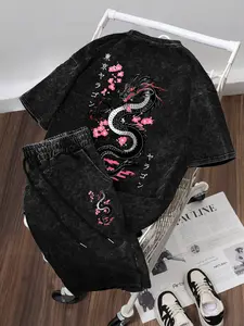 Men's Cherry Dragon Graphic Print T-Shirt and Shorts Set, Casual Comfortable, Perfect for Daily Leisure, Versatile Men's Clothing
