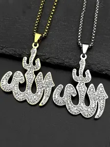 Arabic Allah God Pendant Necklace for Men Women Stainless Steel Gold Color Islamic Muslim Amulet Full Rhinestones Chain Islamic Jewelry Rhinestone Decorated Jewelry