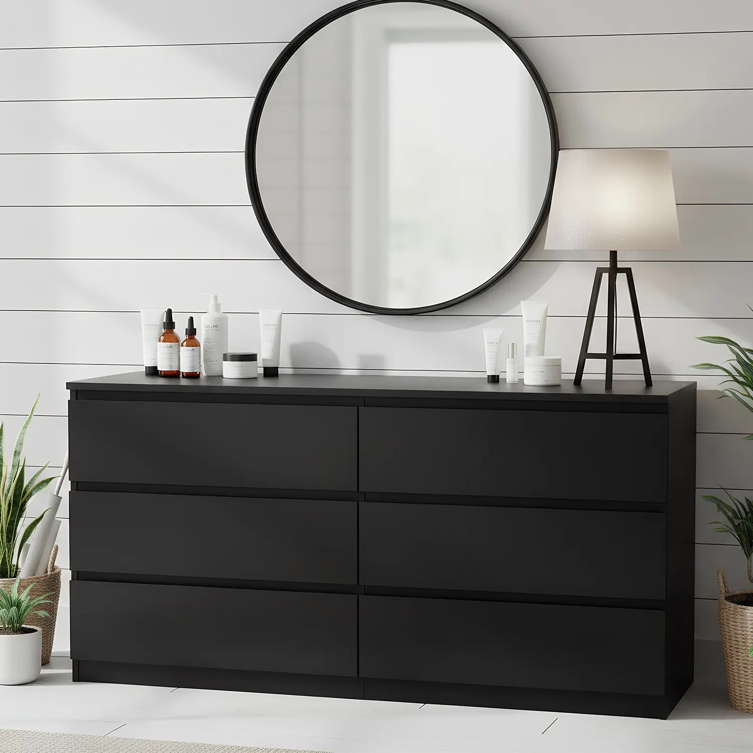 Black 6-Drawer Double Dresser - P2 Class Particle Board Modern Sturdy Indoor Cabinet, Living Room Cabinet, Nursery Storage, 55.1In*19.6In*27.5In, Spacious Deep Drawers, Anti-Tipping Accessories, Assembly Hardware (16 lbs, Assembly Required)