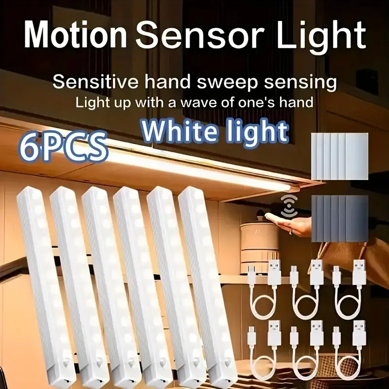 6pcs Smart Motion Sensor Modern Night Lights, Motion Sensor Lamp, USB Rechargeable Under Cabinet LED Pathway Lighting with Magnetic Wall Mount for Closet & Wardrobe, Ideal for Room, Kitchen, Stairs, Hallways and Home Decor