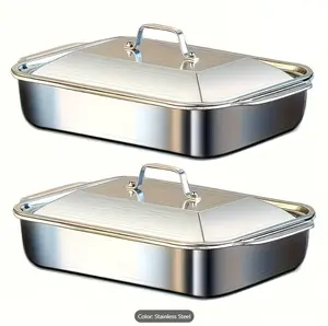 NO BRANDE 2-Pack Sturdy Rectangular Stainless Steel Deep Baking Pan Set - 6L Large Capacity, 16.14" Roasting Pans with Lids & Handles, Dishwasher-Safe Oven Cookware for Chicken, Lasagna