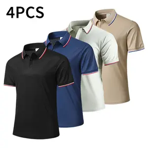 Men’s 4-piece quick-dry polo shirt set for golf, tennis, and equestrian activities—comfortable activewear featuring a color-block collar and cuff design, ideal for casual parties, holidays, and travel.