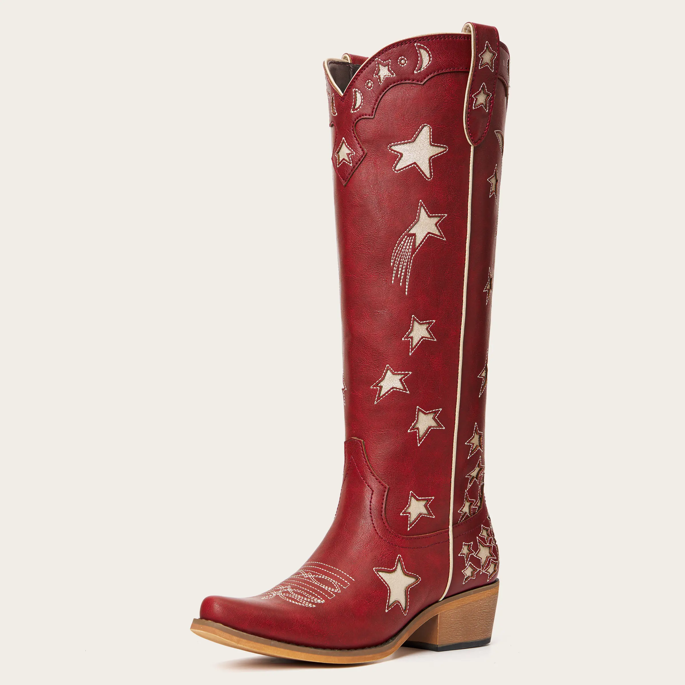 Women's Star and Moon Cut-Out Embroidered Cowboy Boots - Soft Material, Classic Western Style, Sturdy Block Heel, Western Wear for Women, Evening Outfits & Concerts Walking Shoes