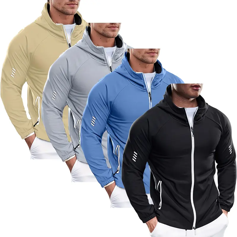 Men’s jacket (single piece), hooded jacket, comfortable fabric, personalized reflective zipper; suitable for sports, fitness, casual wear, outdoor activities, mountaineering, adventures, camping, and various other scenarios.