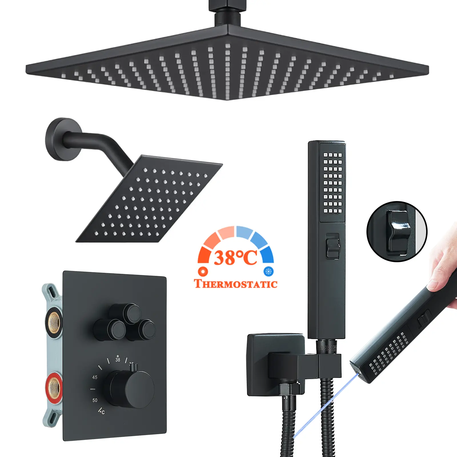 Thermostatic Shower Faucet Set Matte Black Shower System Rough-in Valve with Shower Trim Kit 2 in 1 Handheld Spray Push Button Diverter Ceiling Mount 12 Inch Shower Head and 6 Inch Wall Mount Shower Head