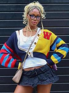 women's patchwork striped print cardigan, casual drop shoulder v neck knitwear for fall & winter, crochet clothes, cardigan for women, fashion women's knit clothing for daily wear, sweaters for women, trending clothing women, womenswear,  cute tops