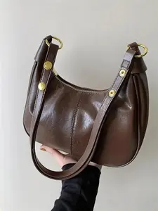 Elegant retro light luxury exquisite crescent bag, fashionable solid color simple casual versatile shoulder bag, Crossbody Purses Bag, can accommodate mobile phones, lipstick, suitable for commuting, shopping, and attending parties