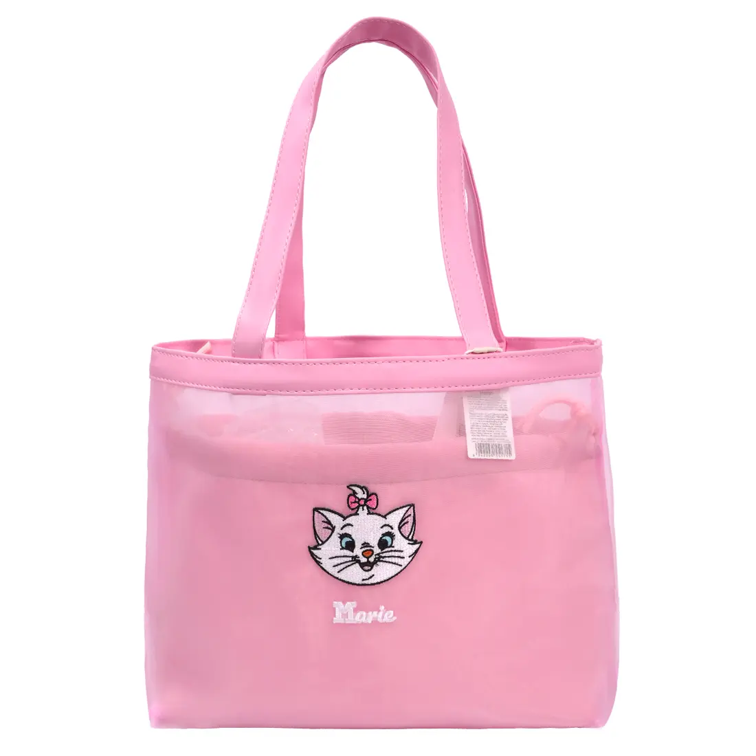 MINISO Disney Marie Cat Mesh Tote Bag, Pink Lightweight Shoulder Handbag with Inner Drawstring Pouch, Casual Beach Shopping Travel Bag for Women Girls
