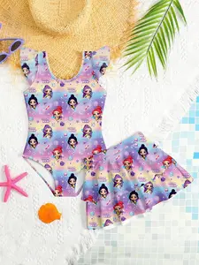 Girls' Two-Piece Swimsuit, Cartoon Print Bikini, Summer Beach Vacation Swimwear, Cute Ruffle Swim Dress, Swimsuit Sets