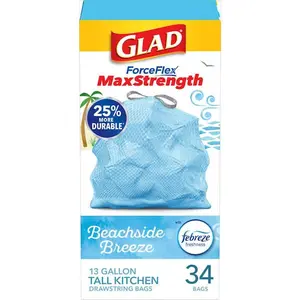 Glad 13 Gal. ForceFlex MaxStrength Tall Kitchen Drawstring Beachside Breeze with Febreze Blue Trash Bags (34-Count), Beachside Breeze Febreze Scent for Odor Control, Grips-The-Can Drawstring for Secure Fit and Easy Carry, for Active Kitchens and Offices.