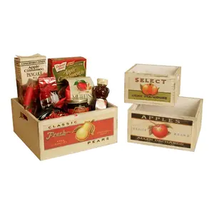 212 MAIN Set of 3 Vintage Fruit Wooden Square Crates - Retro Artwork Decor, Kitchen Storage Boxes, Herb Planter Organiser