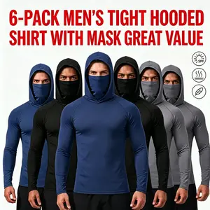 3/6 Pack Men's Sun Protection Fishing Hoodie, UPF 50+ Long Sleeve Compression Shirt with Built-in Face Mask, Quick Dry Tight Training Tops, Black Blue Gray, for Fitness Running Construction Outdoor Work