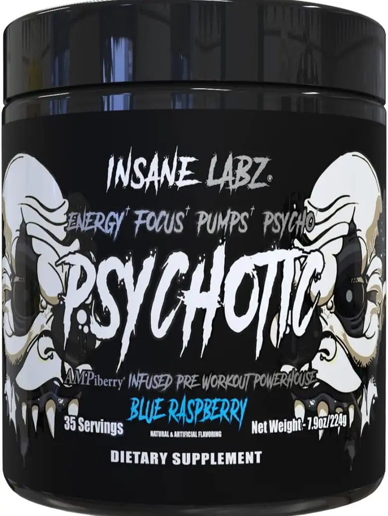 Insane Labz Psychotic Black Edition Mid Stimulant Pre Workout Powder, Energy Focus Pumps, Loaded with Creatine Beta Alanine Taurine Fueled by AMPiberry, 35 Servings (Blue Raspberry)