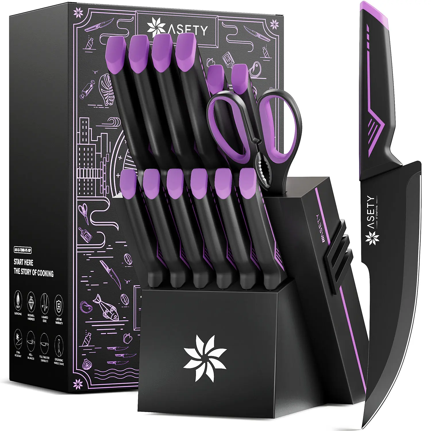 ASETY 15PCS Cyberpunk Stainless Steel Kitchenware Knife & Utensil Set - Lightweight Apartment Accessory, Sturdy Blades, Ergonomic Handles, Built-in Sharpener Block, Dishwasher Safe, Modern Steak Slicer, Elegant Gift Box